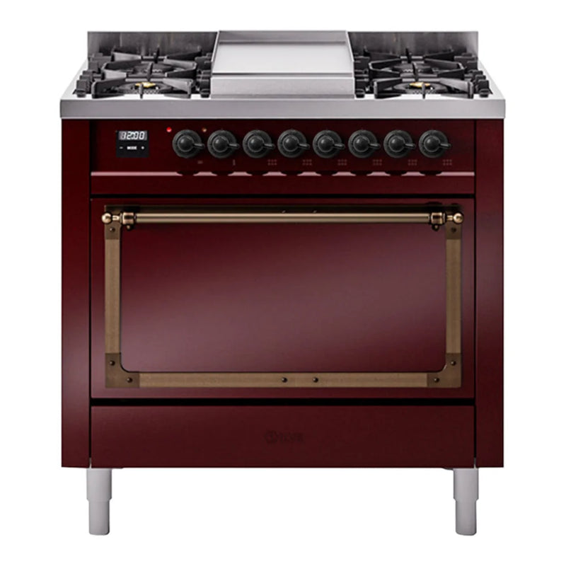 ILVE Nostalgie II Noblesse 36" Dual Fuel Freestanding Range in Burgundy with Burnished Trim, UN36FQNMPBUBLP