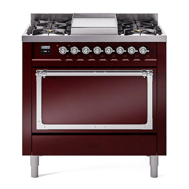 ILVE Nostalgie II Noblesse 36" Dual Fuel Freestanding Range in Burgundy with Chrome Trim, UN36FQNMPBUCLP