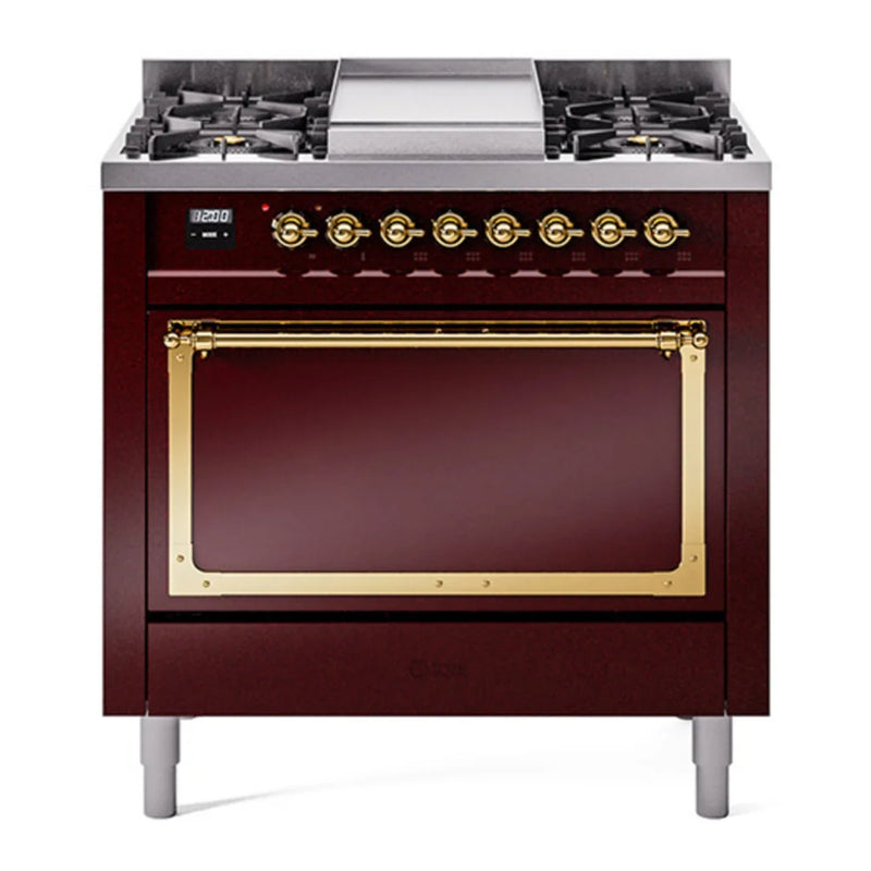 ILVE Nostalgie II Noblesse 36" Dual Fuel Freestanding Range in Burgundy with Brass Trim, UN36FQNMPBUGLP