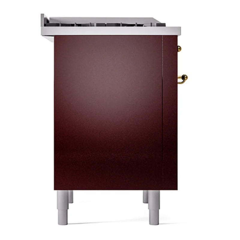 ILVE Nostalgie II Noblesse 36" Dual Fuel Freestanding Range in Burgundy with Brass Trim, UN36FQNMPBUG