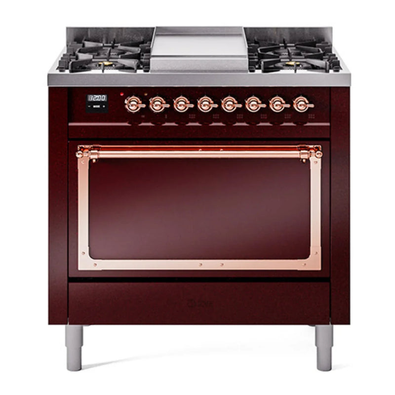 ILVE Nostalgie II Noblesse 36" Dual Fuel Freestanding Range in Burgundy with Copper Trim, UN36FQNMPBUP