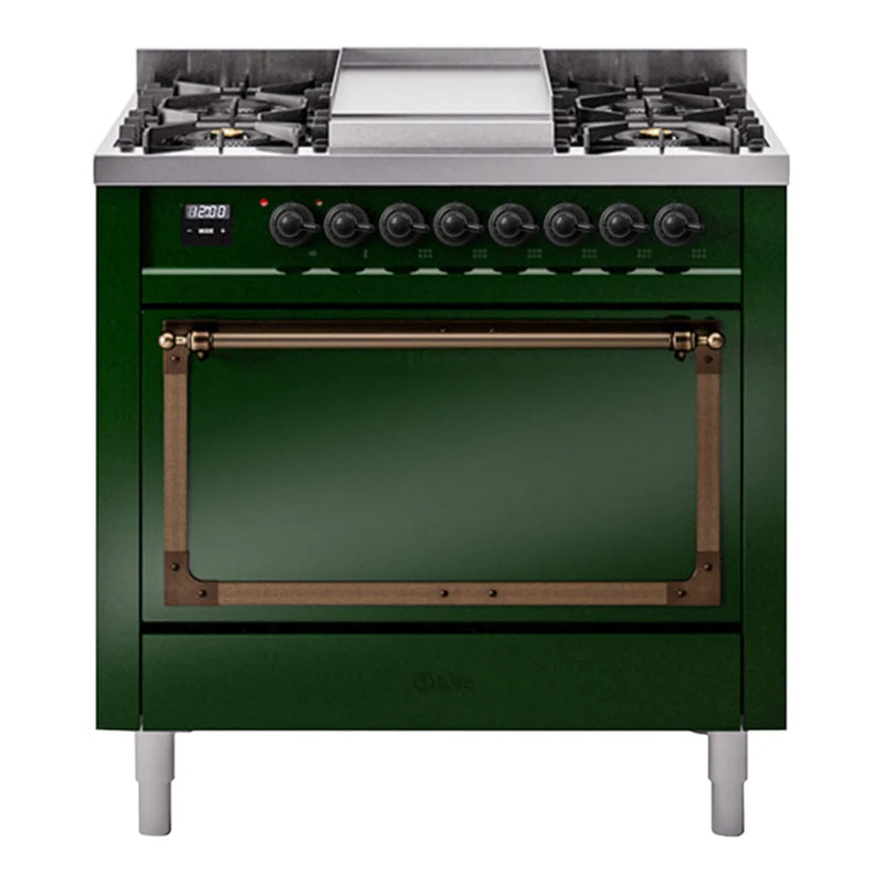 ILVE Nostalgie II Noblesse 36" Dual Fuel Freestanding Range in Emerald Green with Burnished Trim, UN36FQNMPEGBLP