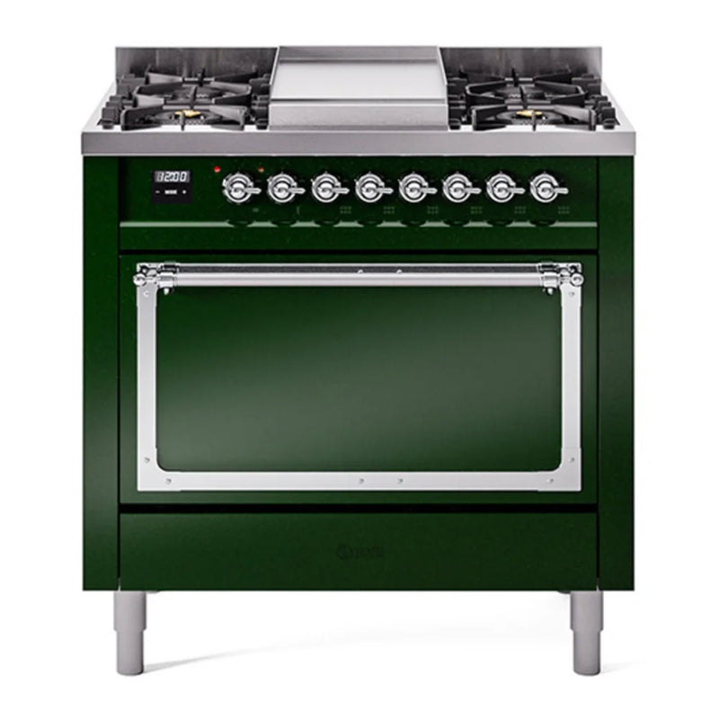 ILVE Nostalgie II Noblesse 36" Dual Fuel Freestanding Range in Emerald Green with Chrome Trim, UN36FQNMPEGC