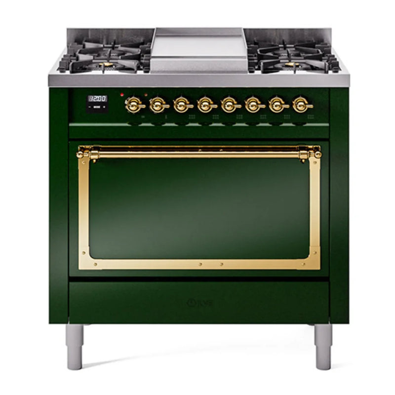 ILVE Nostalgie II Noblesse 36" Dual Fuel Freestanding Range in Emerald Green with Brass Trim, UN36FQNMPEGG