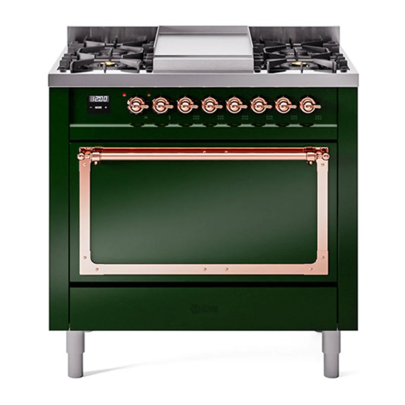 ILVE Nostalgie II Noblesse 36" Dual Fuel Freestanding Range in Emerald Green with Copper Trim, UN36FQNMPEGP