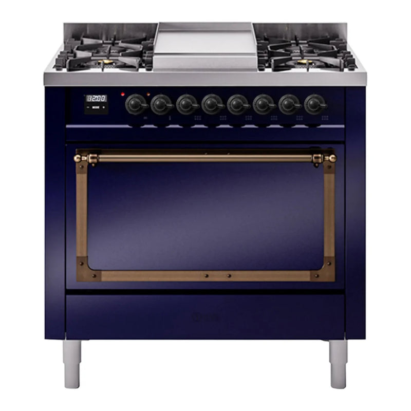 ILVE Nostalgie II Noblesse 36" Dual Fuel Freestanding Range in Midnight Blue with Burnished Trim, UN36FQNMPMBBLP
