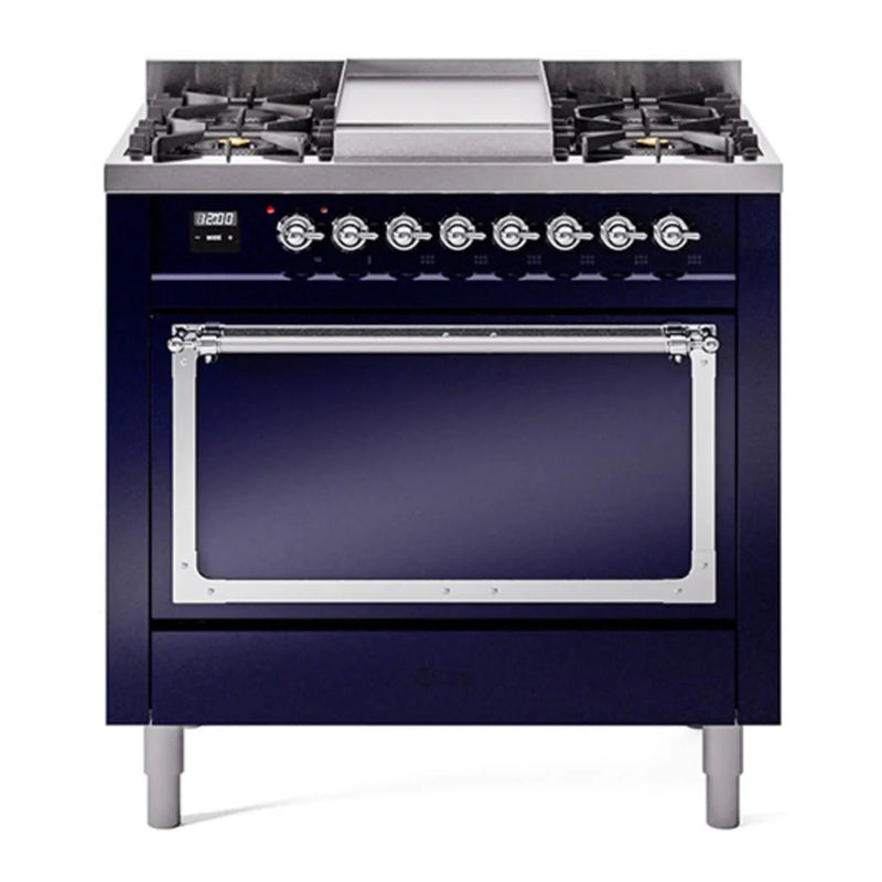 ILVE Nostalgie II Noblesse 36" Dual Fuel Freestanding Range in Midnight Blue with Chrome Trim, UN36FQNMPMBC