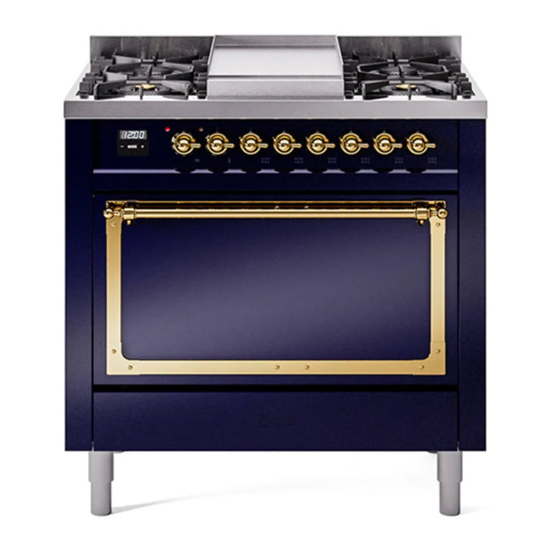 ILVE Nostalgie II Noblesse 36" Dual Fuel Freestanding Range in Midnight Blue with Brass Trim, UN36FQNMPMBGLP