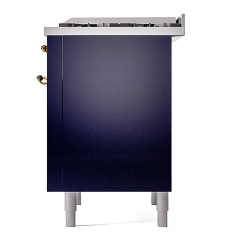 ILVE Nostalgie II Noblesse 36" Dual Fuel Freestanding Range in Midnight Blue with Brass Trim, UN36FQNMPMBGLP
