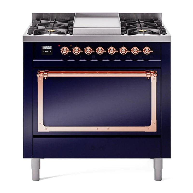 ILVE Nostalgie II Noblesse 36" Dual Fuel Freestanding Range in Midnight Blue with Copper Trim, UN36FQNMPMBPLP