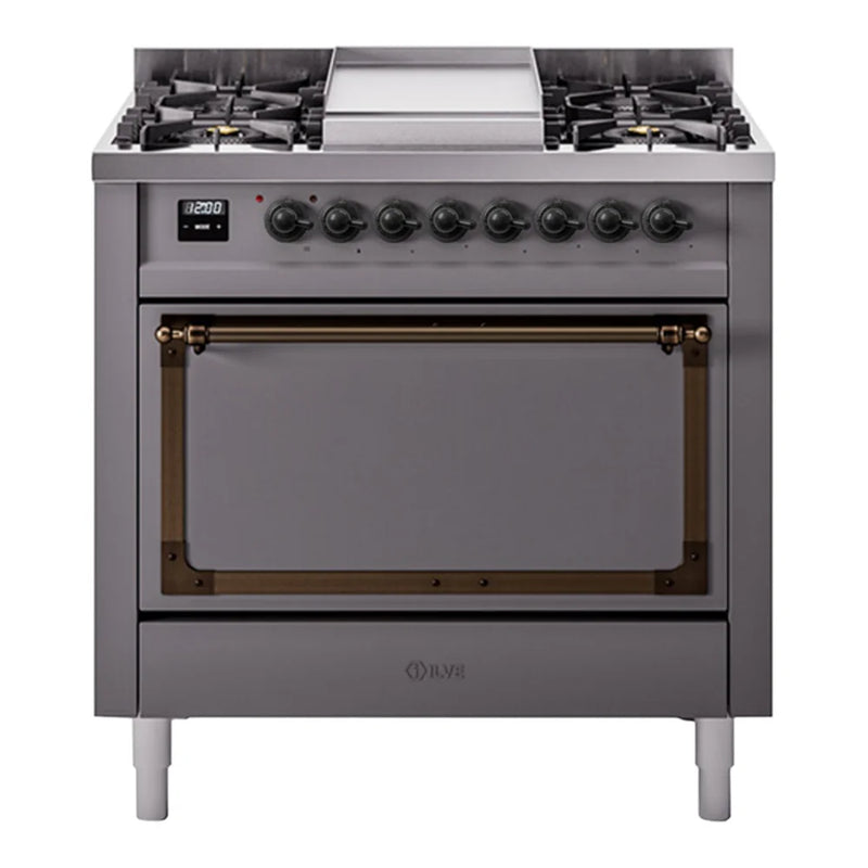 ILVE Nostalgie II Noblesse 36" Dual Fuel Freestanding Range in Graphite Matte with Burnished Trim, UN36FQNMPMGB