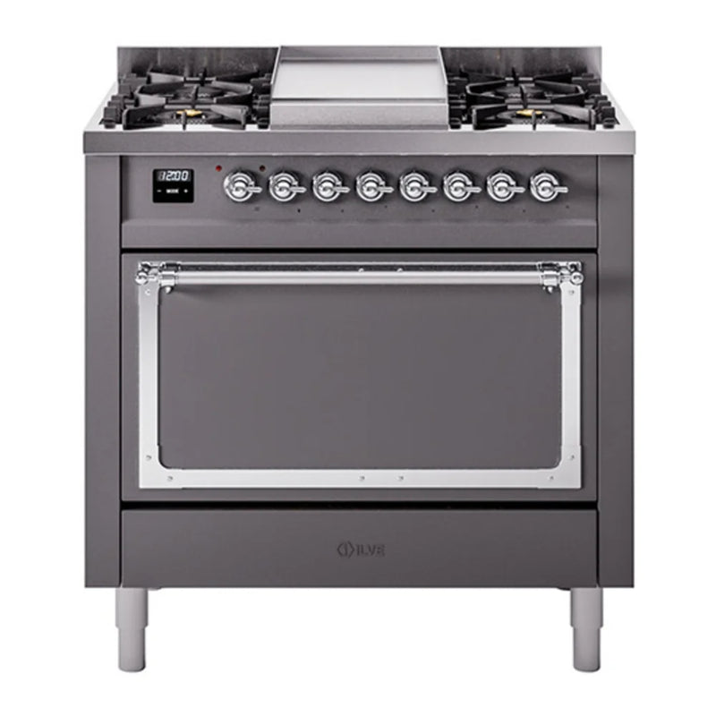 ILVE Nostalgie II Noblesse 36" Dual Fuel Freestanding Range in Graphite Matte with Chrome Trim, UN36FQNMPMGCLP