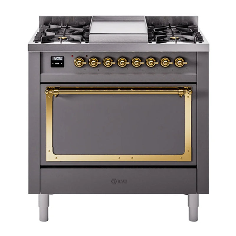 ILVE Nostalgie II Noblesse 36" Dual Fuel Freestanding Range in Graphite Matte with Brass Trim, UN36FQNMPMGGLP