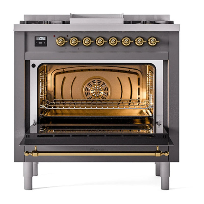 ILVE Nostalgie II Noblesse 36" Dual Fuel Freestanding Range in Graphite Matte with Brass Trim, UN36FQNMPMGGLP
