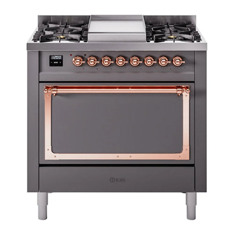 ILVE Nostalgie II Noblesse 36" Dual Fuel Freestanding Range in Graphite Matte with Copper Trim, UN36FQNMPMGP