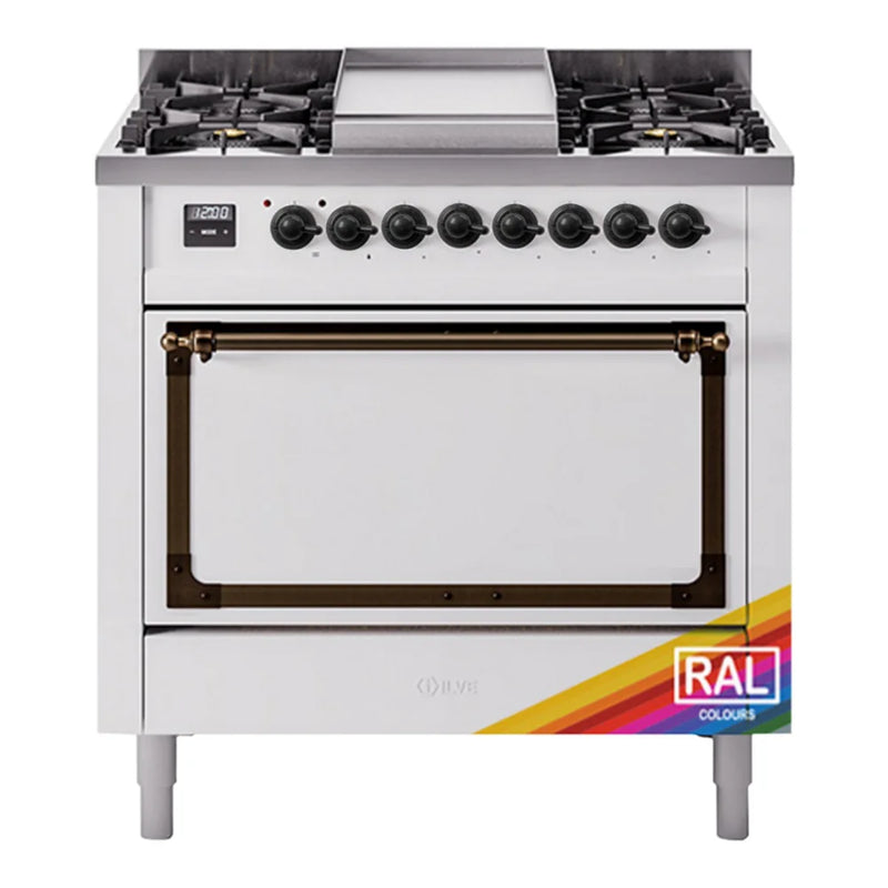 ILVE Nostalgie II Noblesse 36" Dual Fuel Freestanding Range in RAL Color with Burnished Trim, UN36FQNMPRABLP