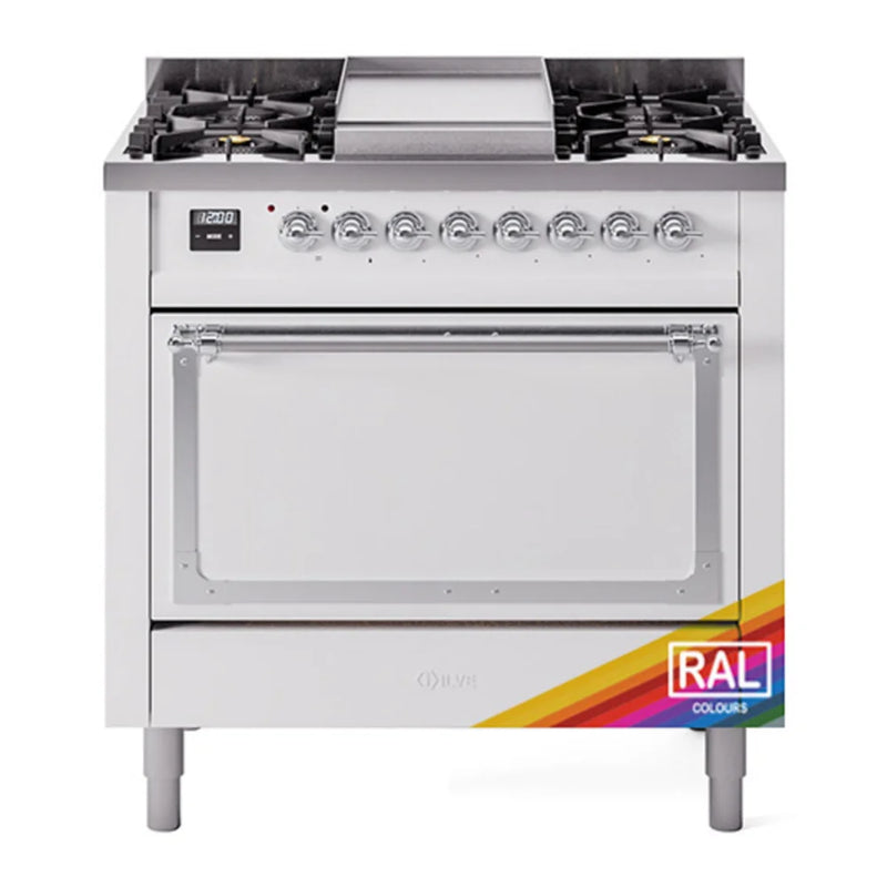 ILVE Nostalgie II Noblesse 36" Dual Fuel Freestanding Range in RAL Color with Chrome Trim, UN36FQNMPRAC