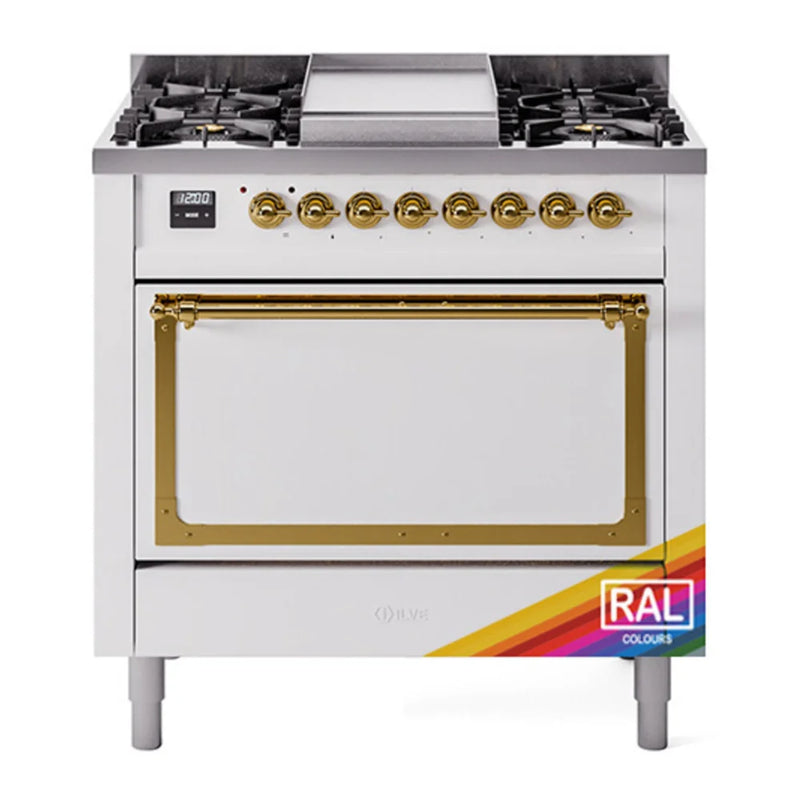 ILVE Nostalgie II Noblesse 36" Dual Fuel Freestanding Range in RAL Color with Brass Trim, UN36FQNMPRAG