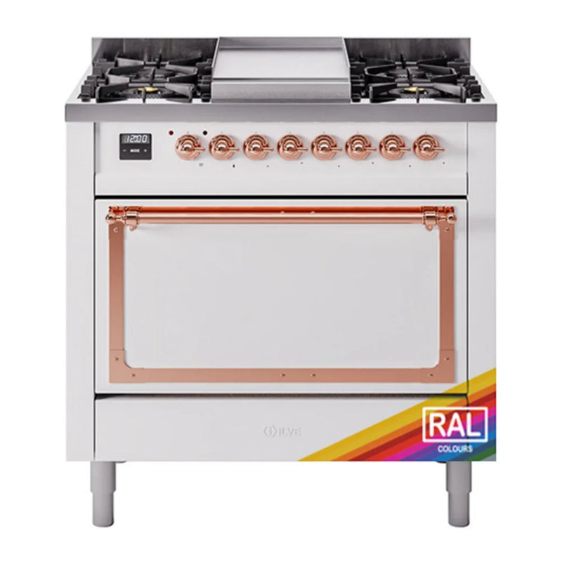 ILVE Nostalgie II Noblesse 36" Dual Fuel Freestanding Range in RAL Color with Copper Trim, UN36FQNMPRAPLP