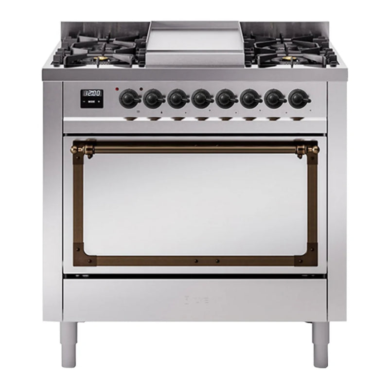 ILVE Nostalgie II Noblesse 36" Dual Fuel Freestanding Range in Stainless Steel with Burnished Trim, UN36FQNMPSSB