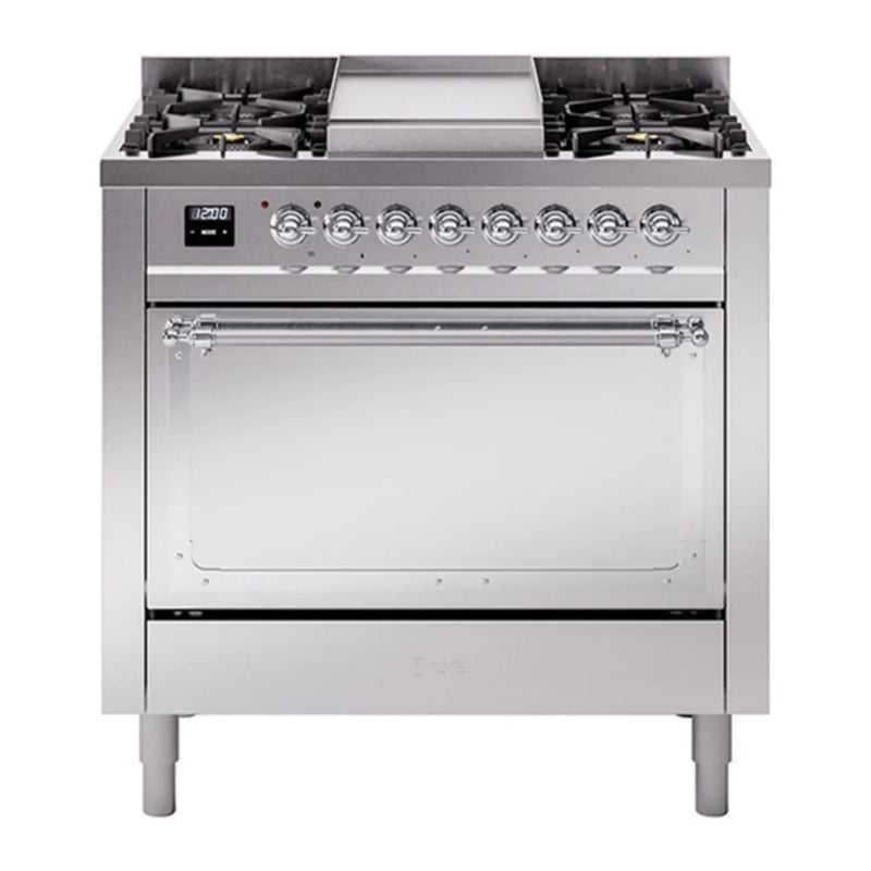 ILVE Nostalgie II Noblesse 36" Dual Fuel Freestanding Range in Stainless Steel with Chrome Trim, UN36FQNMPSSCLP