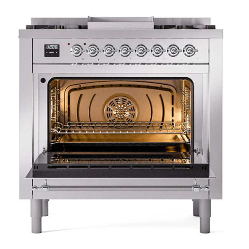 ILVE Nostalgie II Noblesse 36" Dual Fuel Freestanding Range in Stainless Steel with Chrome Trim, UN36FQNMPSSCLP
