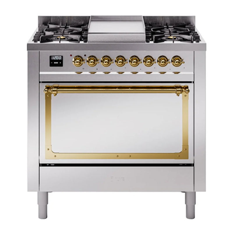 ILVE Nostalgie II Noblesse 36" Dual Fuel Freestanding Range in Stainless Steel with Brass Trim, UN36FQNMPSSG