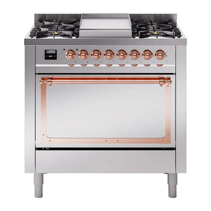ILVE Nostalgie II Noblesse 36" Dual Fuel Freestanding Range in Stainless Steel with Copper Trim, UN36FQNMPSSP