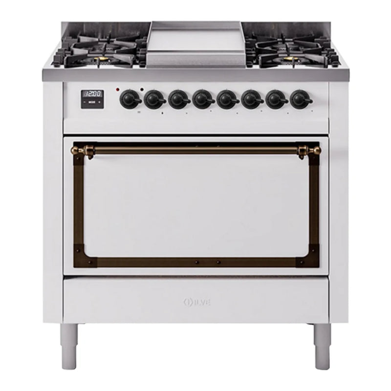 ILVE Nostalgie II Noblesse 36" Dual Fuel Freestanding Range in White with Burnished Trim, UN36FQNMPWHB