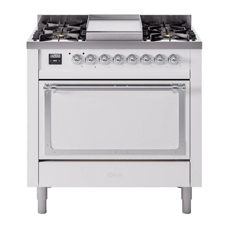 ILVE Nostalgie II Noblesse 36" Dual Fuel Freestanding Range in White with Chrome Trim, UN36FQNMPWHCLP