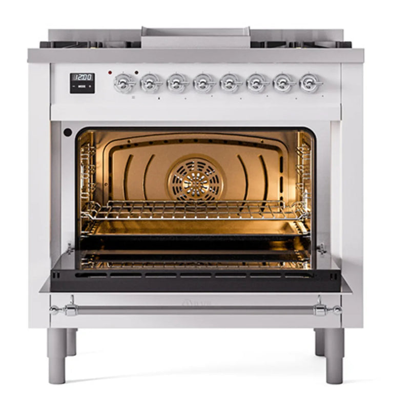 ILVE Nostalgie II Noblesse 36" Dual Fuel Freestanding Range in White with Chrome Trim, UN36FQNMPWHCLP