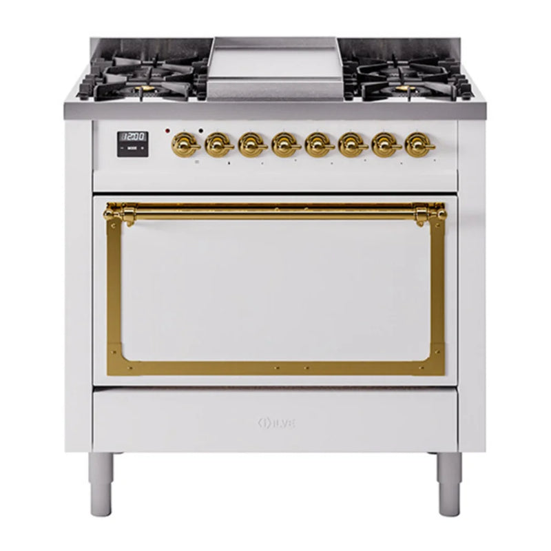 ILVE Nostalgie II Noblesse 36" Dual Fuel Freestanding Range in White with Brass Trim, UN36FQNMPWHG
