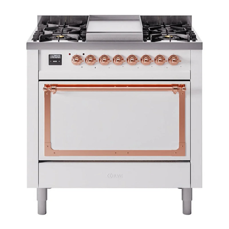 ILVE Nostalgie II Noblesse 36" Dual Fuel Freestanding Range in White with Copper Trim, UN36FQNMPWHP