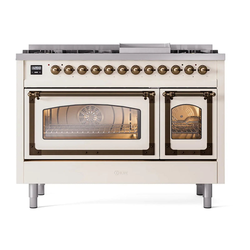 ILVE Nostalgie II Noblesse 48" Dual Fuel Freestanding Range in Antique White with Burnished Trim, UN48FNMPAWBLP