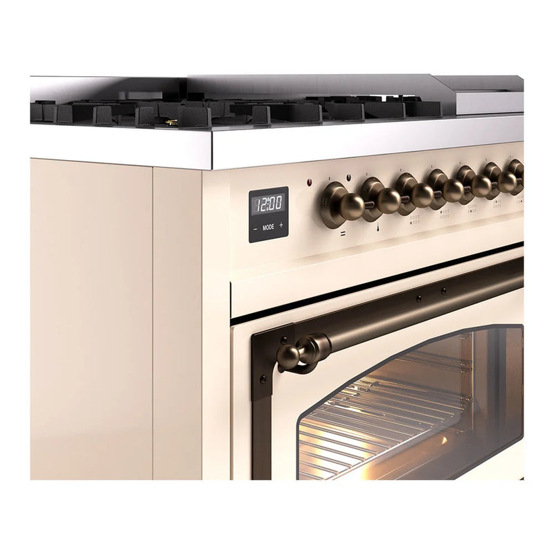 ILVE Nostalgie II Noblesse 48" Dual Fuel Freestanding Range in Antique White with Burnished Trim, UN48FNMPAWBLP