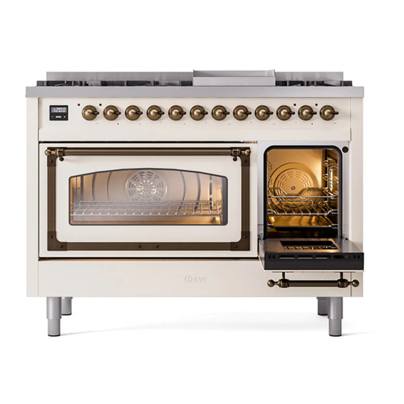 ILVE Nostalgie II Noblesse 48" Dual Fuel Freestanding Range in Antique White with Burnished Trim, UN48FNMPAWB