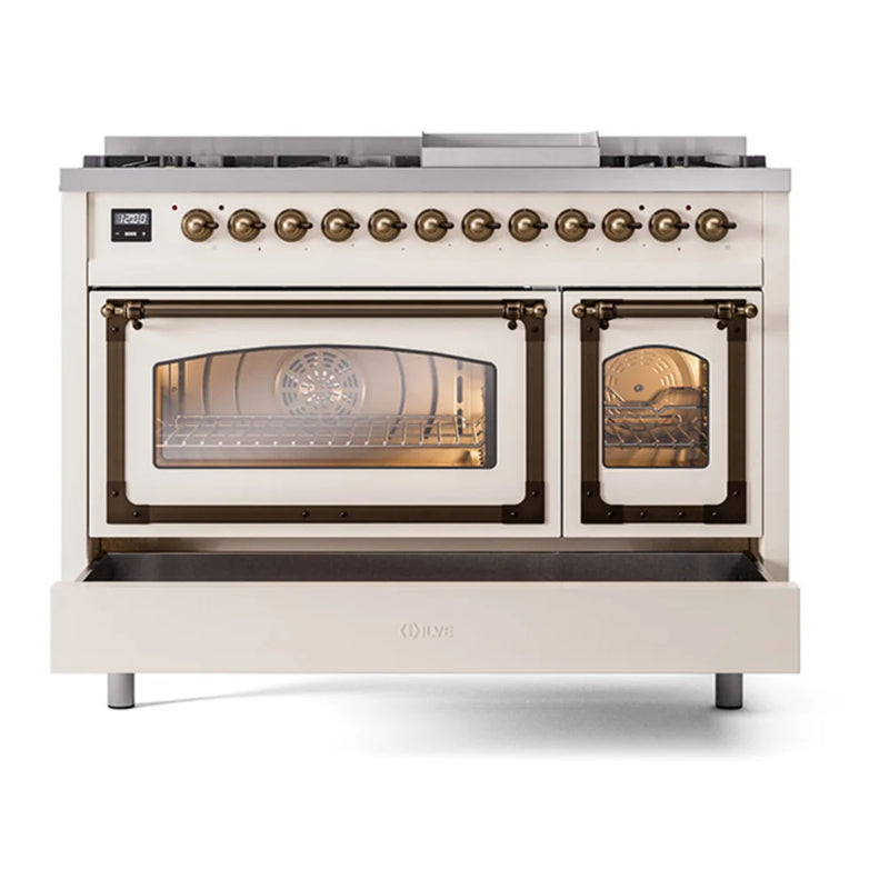 ILVE Nostalgie II Noblesse 48" Dual Fuel Freestanding Range in Antique White with Burnished Trim, UN48FNMPAWB