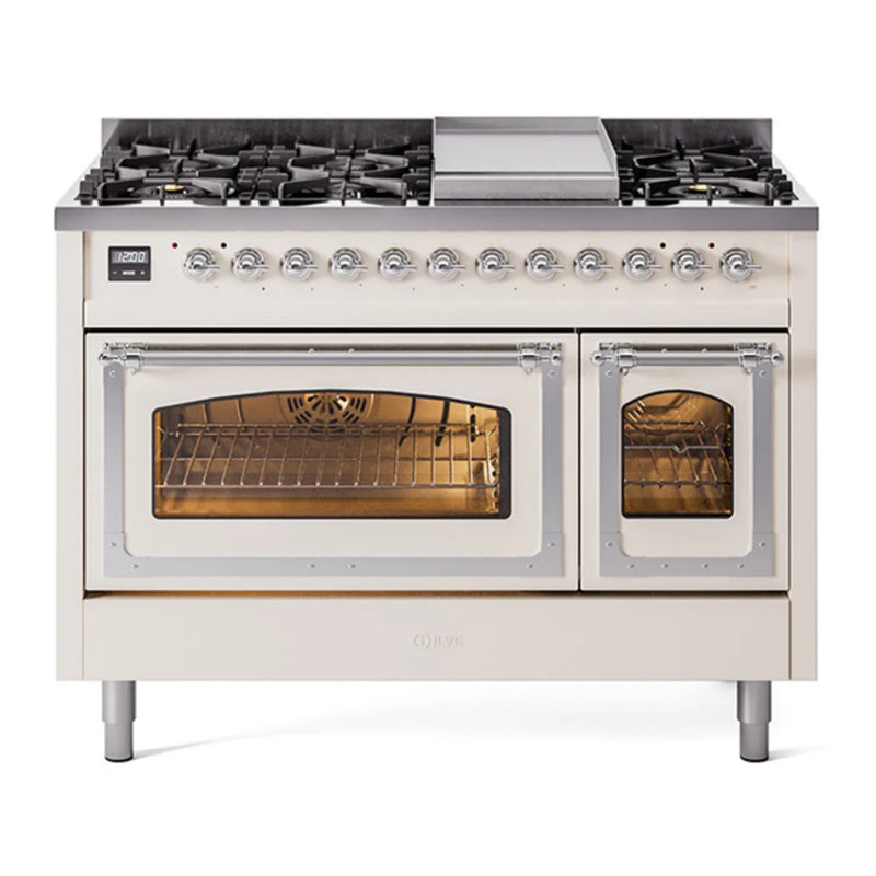 ILVE Nostalgie II Noblesse 48" Dual Fuel Freestanding Range in Antique White with Chrome Trim, UN48FNMPAWC