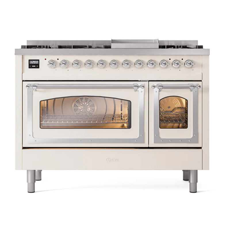 ILVE Nostalgie II Noblesse 48" Dual Fuel Freestanding Range in Antique White with Chrome Trim, UN48FNMPAWC