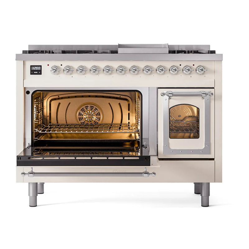 ILVE Nostalgie II Noblesse 48" Dual Fuel Freestanding Range in Antique White with Chrome Trim, UN48FNMPAWC