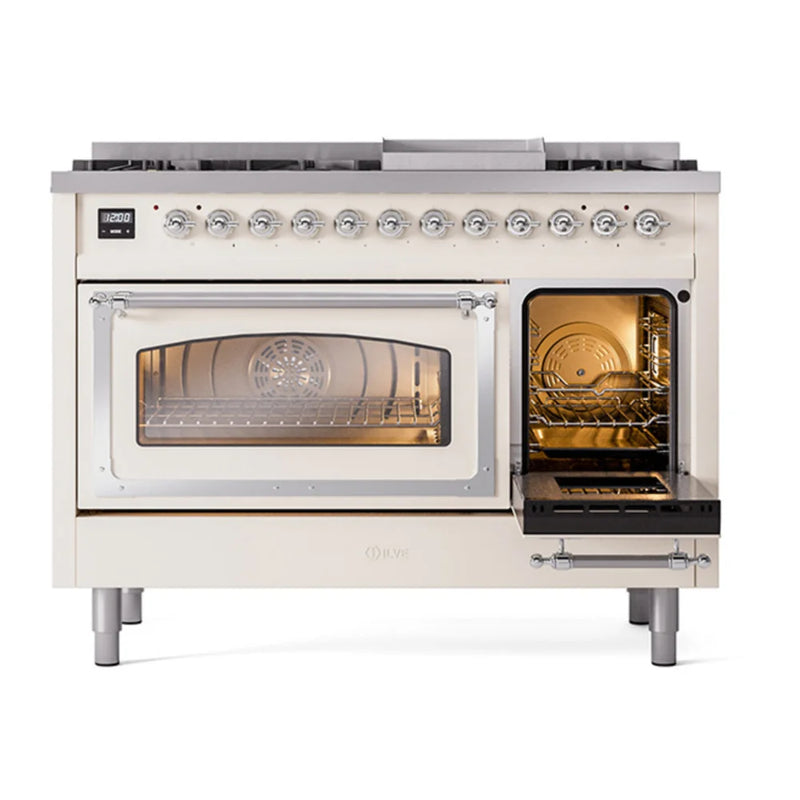 ILVE Nostalgie II Noblesse 48" Dual Fuel Freestanding Range in Antique White with Chrome Trim, UN48FNMPAWC
