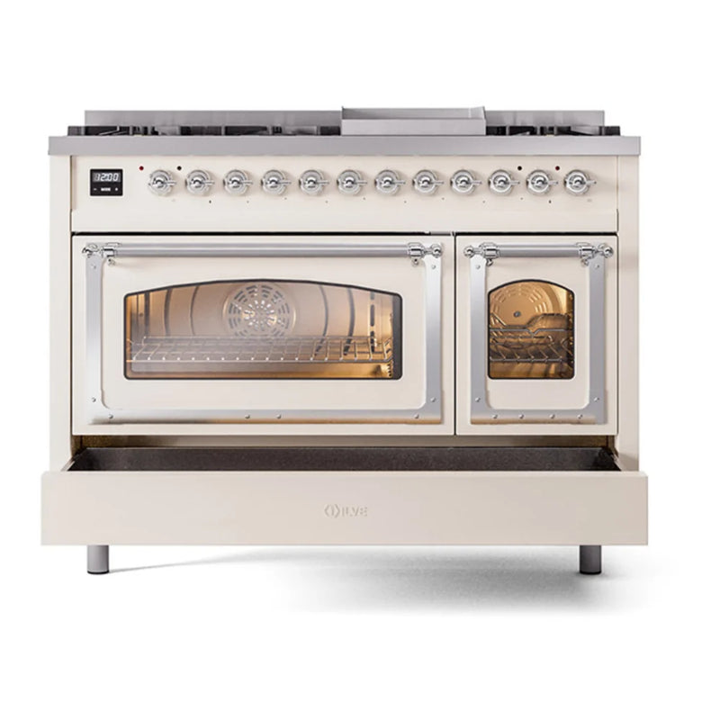 ILVE Nostalgie II Noblesse 48" Dual Fuel Freestanding Range in Antique White with Chrome Trim, UN48FNMPAWC