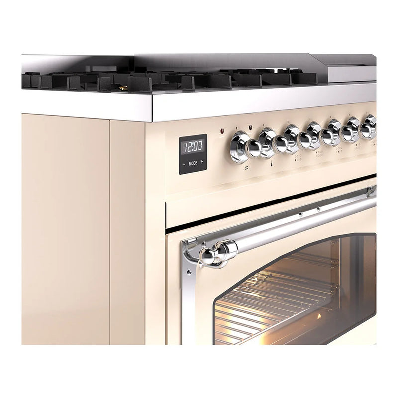 ILVE Nostalgie II Noblesse 48" Dual Fuel Freestanding Range in Antique White with Chrome Trim, UN48FNMPAWC