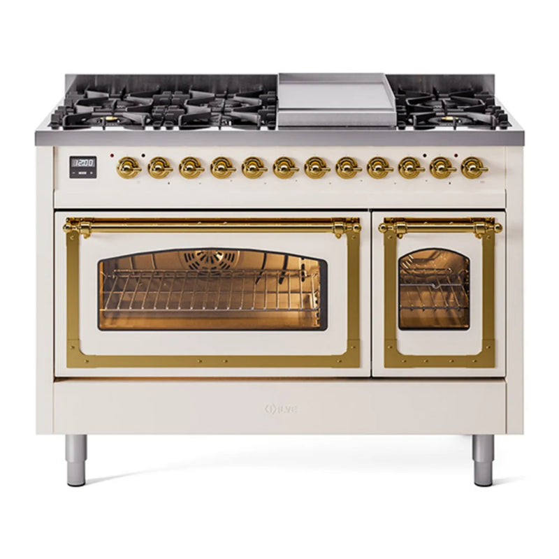 ILVE Nostalgie II Noblesse 48" Dual Fuel Freestanding Range in Antique White with Brass Trim, UN48FNMPAWGLP