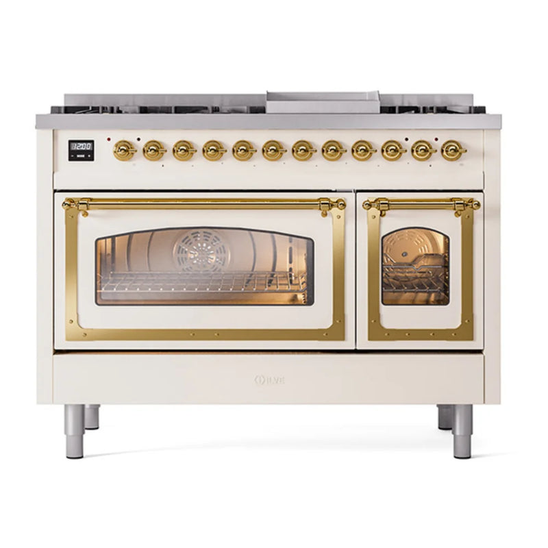 ILVE Nostalgie II Noblesse 48" Dual Fuel Freestanding Range in Antique White with Brass Trim, UN48FNMPAWGLP