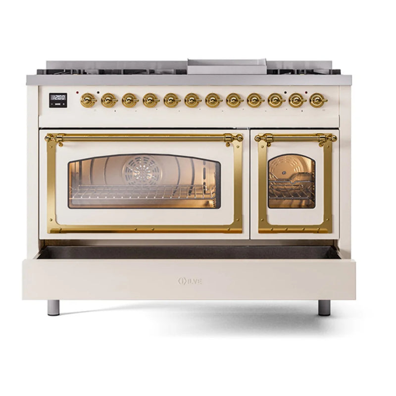 ILVE Nostalgie II Noblesse 48" Dual Fuel Freestanding Range in Antique White with Brass Trim, UN48FNMPAWGLP