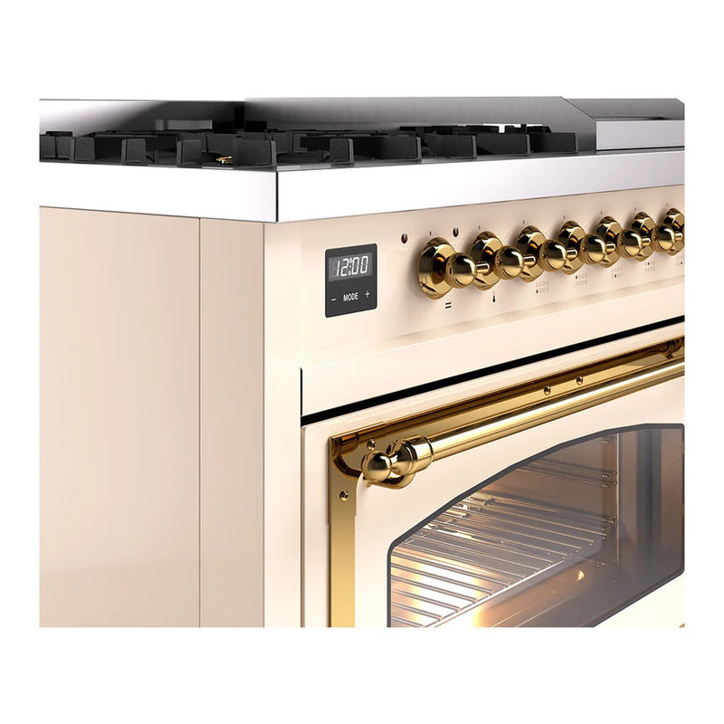 ILVE Nostalgie II Noblesse 48" Dual Fuel Freestanding Range in Antique White with Brass Trim, UN48FNMPAWGLP