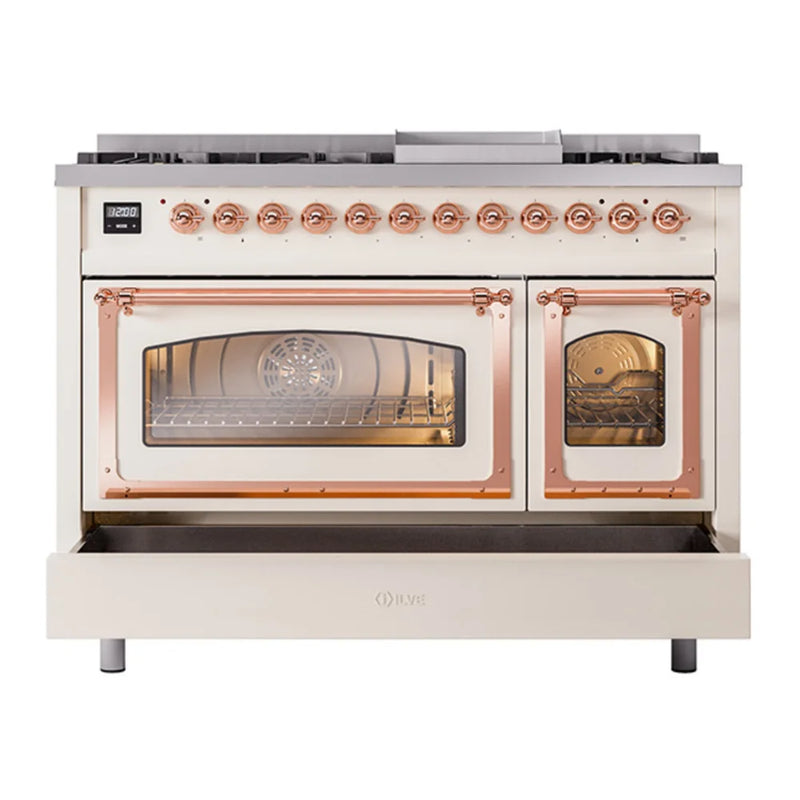 ILVE Nostalgie II Noblesse 48" Dual Fuel Freestanding Range in Antique White with Copper Trim, UN48FNMPAWPLP