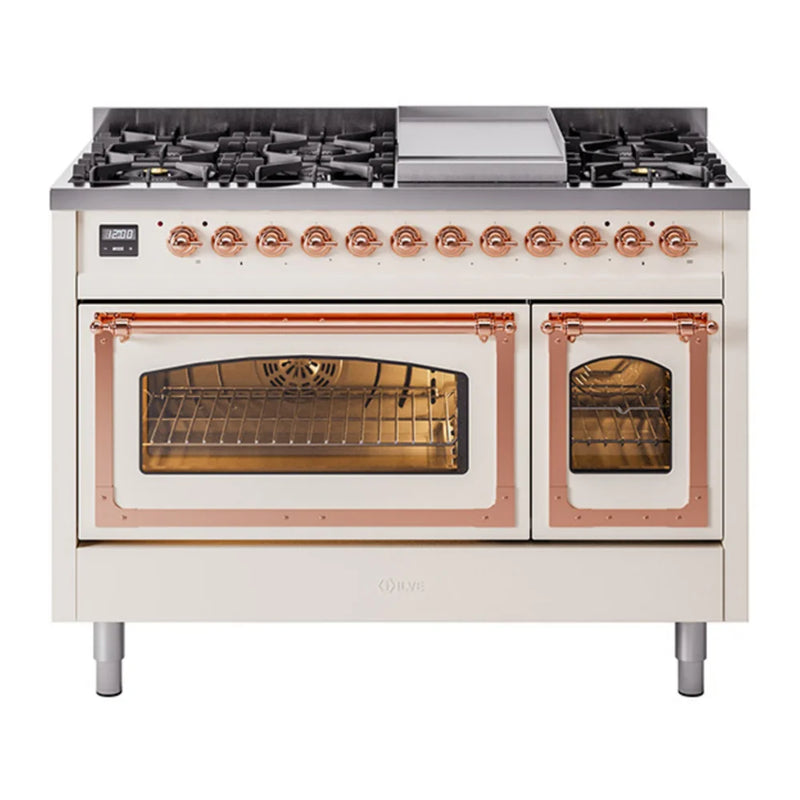 ILVE Nostalgie II Noblesse 48" Dual Fuel Freestanding Range in Antique White with Copper Trim, UN48FNMPAWP