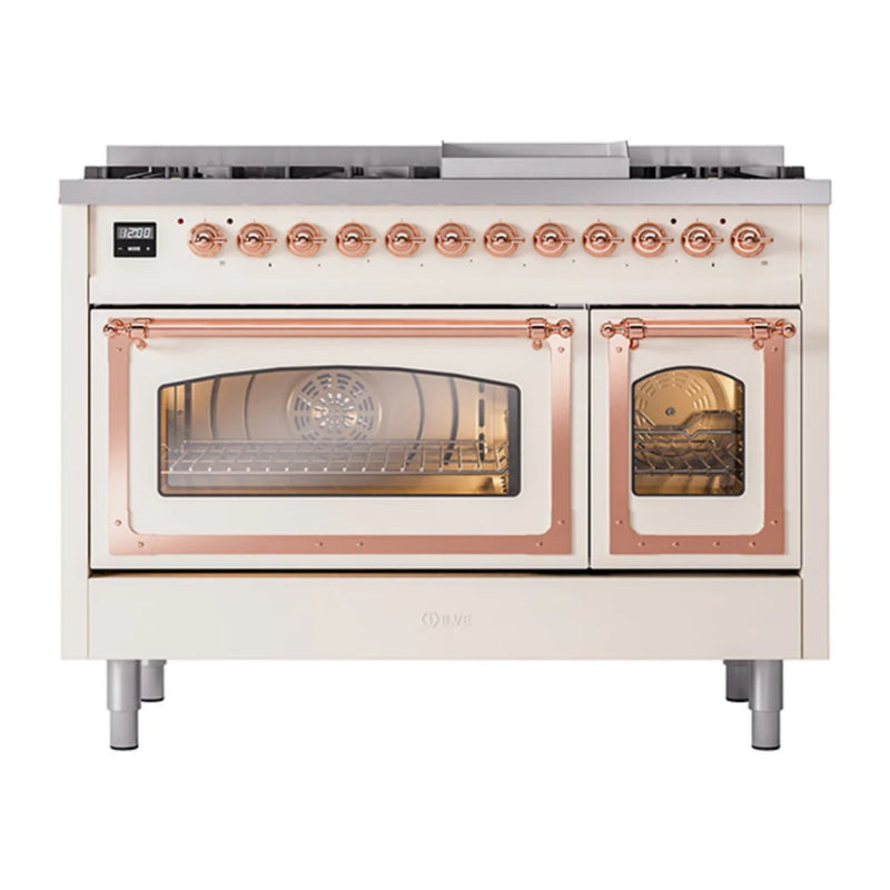 ILVE Nostalgie II Noblesse 48" Dual Fuel Freestanding Range in Antique White with Copper Trim, UN48FNMPAWP